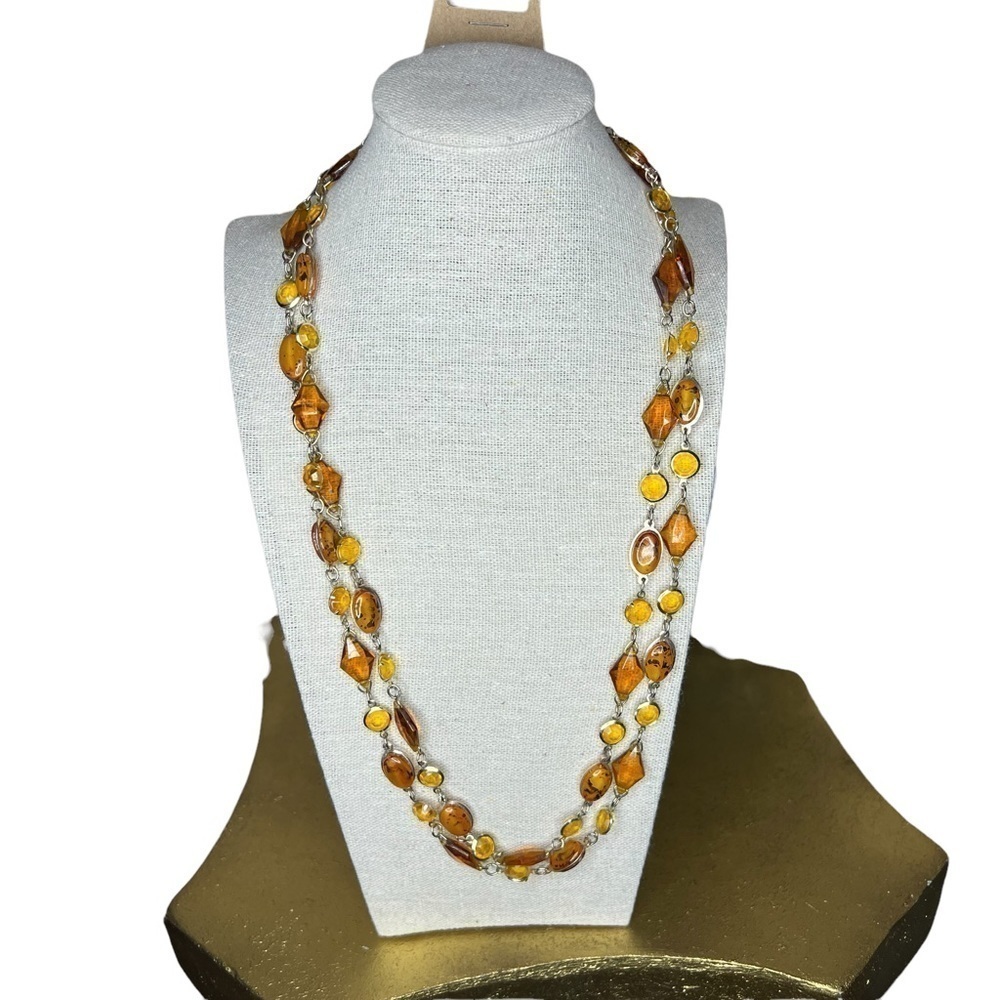 Vintage Synthetic Amber & Silver Double Layered Necklace 28” Length